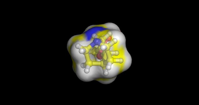 Aceclidine, ophthalmic drug / cholinergic muscarinic agonist for presbyopia management and pupil constriction, 3D molecule spinning, 4K