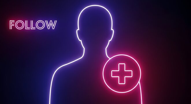 Neon follow social media button with plus sign icon internet communication