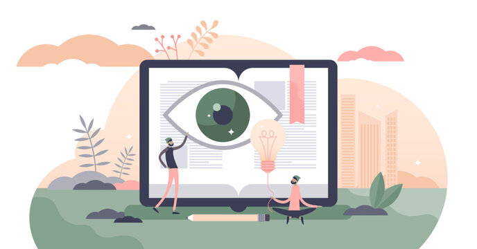 Visual learning illustration, transparent background.Method type for knowledge training flat tiny person concept.Strategy to see text material instead of hearing to remember better.