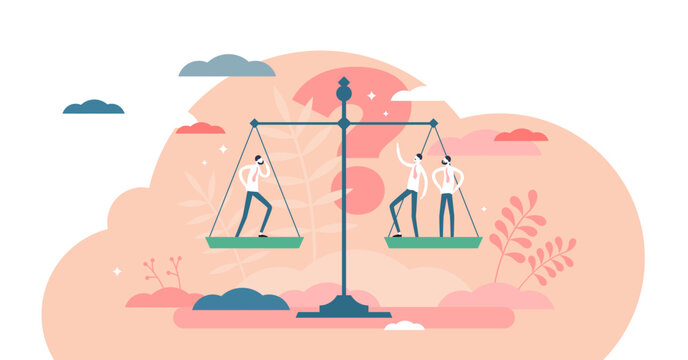 Utilitarianism normative ethical theory principle tiny person concept, transparent background. Morality thinking with idea about personal or society benefit comparison illustration.