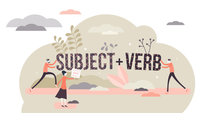 Sentence structure with subject and verb, flat tiny persons concept illustration, transparent background. Learning language grammar and identifying word types. Writing and speaking principles.