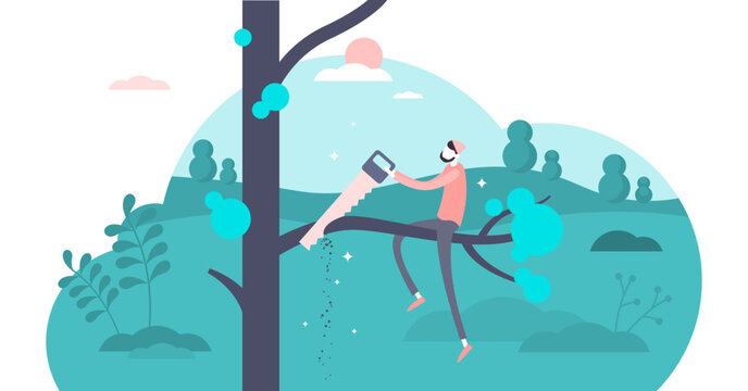Self sabotage and self defeating mind state concept, transparent background.Flat tiny person illustration.Do not cut the branch you are sitting on.Wrong mental action and problem solving.Business.