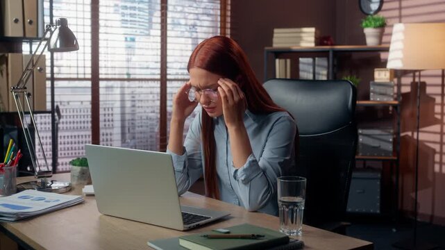 Ill sick Caucasian business woman with laptop suffering headache upset businesswoman girl female with computer network feel chronic migraine aching head medicine trouble health problem at office table