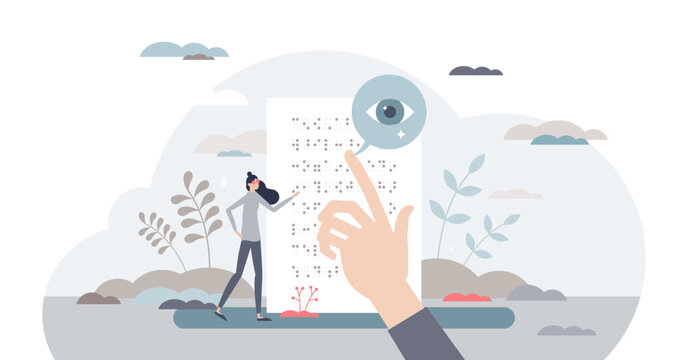 Reading Braille text as blind system with touching dots tiny person concept, transparent background. Text recognition without visual sight illustration. Disabled people language and alphabet.