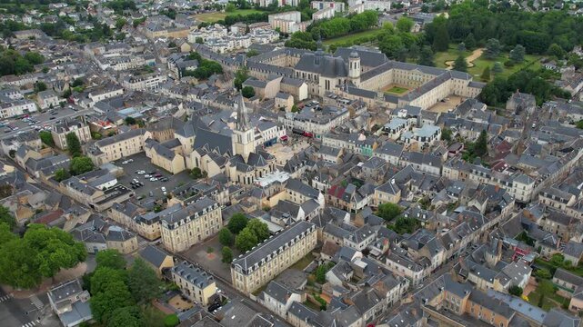  Aerial view beside the old town above the city La Fl&egrave;che in France, on a cloudy noon in early summer.