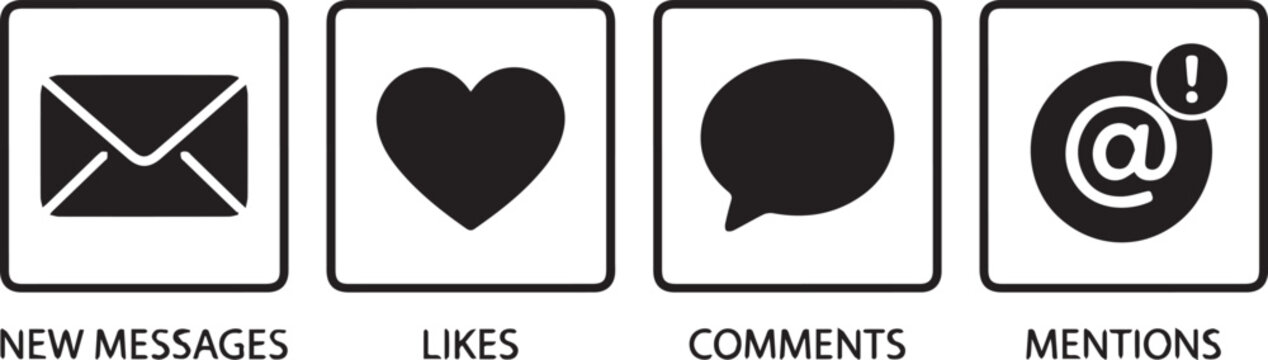Social media engagement notification icons set with engagement notification communication interface connection platform feedback heartshape internet