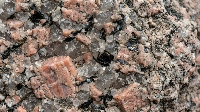 Close up detail of raw pink granite rock texture with feldspar and quartz minerals