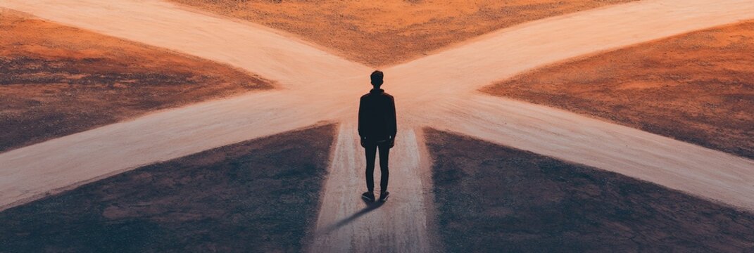 Businessman standing at a crossroads with four paths, contemplating the correct direction to take at sunset, symbolizing important decision making, career choices, and the fear of better options