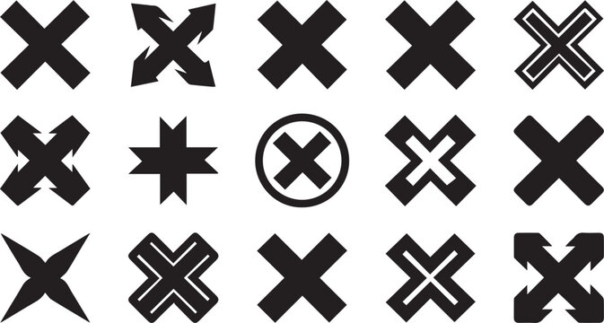 Set of various x cross mark symbols and icons with collection interface elements abstract