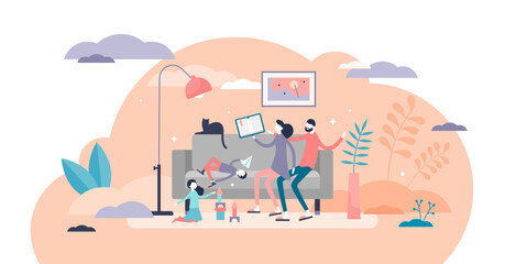 Obraz premium Family time illustration, transparent background. Parents together with children in flat tiny persons concept. Quality harmony relationship.