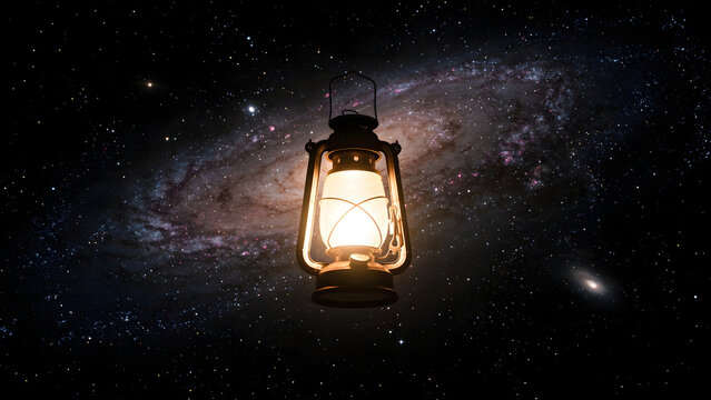 Vintage Lantern Illuminating the Cosmos Amid Galaxies, Stars, and Infinite Deep Space
