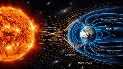 Earths magnetic field shields planet from suns solar wind and interplanetary magnetic field.