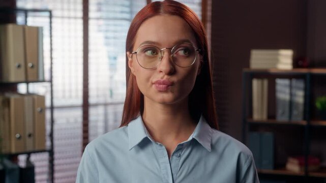 Close up hesitate Caucasian formal business woman thinking wearing eyeglasses puzzled searching solution student girl female specialist corporate businesswoman agent think pondering work question