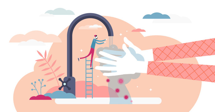 Washing hands concept, flat tiny person illustration with water tap and soap foam, transparent background. Abstract stylized personal hygiene scene.