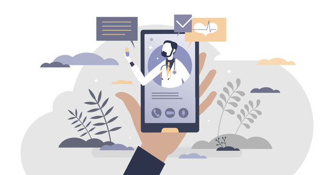 Virtual doctor videocall for distant health consultation tiny person concept, transparent background. Medical recommendations and illness prescription suggestments.