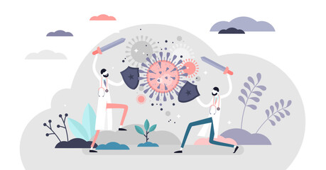 Obraz premium Fighting virus scene illustration, transparent background. Covid-19 flat tiny persons concept. Metaphoric doctors swords fight with viral coronavirus outbreak.