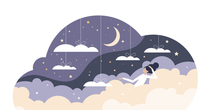 Good sleep scene with sweet dreams between clouds in sky tiny person concept, transparent background. Floating female as soft and comfortable bed symbol for night bedtime illustration.
