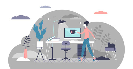 Fototapeta na wymiar Work from home concept, flat tiny person illustration, transparent background. Freelancer remote office workplace interior setup with desk, chair and computer.