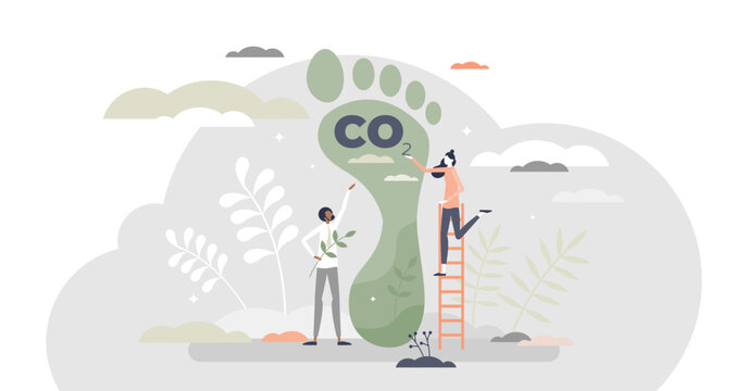 Carbon footprint as CO2 emission pollution amount in air tiny person concept, transparent background. Dioxide greenhouse gases as climate change reason illustration.