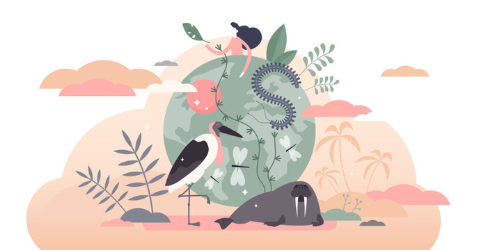 Biodiversity illustration, transparent background. Various wildlife flat tiny person concept. Mammals, birds, fishes and fauna life endangered conservation and retention.