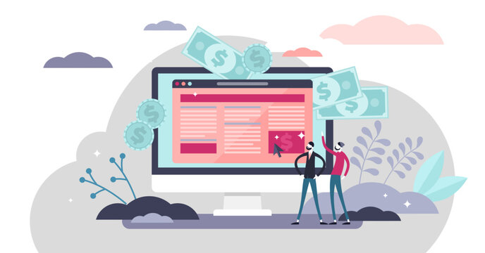 Website monetization concept, flat tiny persons illustration with two online e-commerce marketers analyzing blog content and generating income with ad placements and sponsor partnerships.