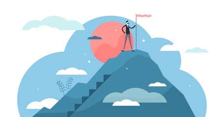 Naklejka premium Success business vision concept, flat tiny businessman person illustration, transparent background. Company growth mission achievement and reaching top.