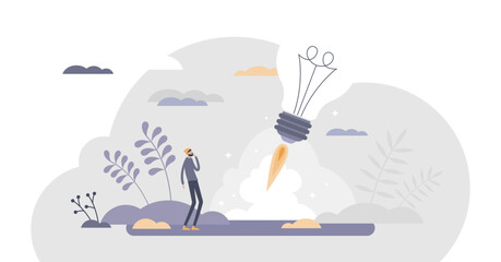 Obraz premium Startup innovation idea with creative project launch tiny persons concept, transparent background. Business vision as rocket start illustration. Work progress opportunity as abstract beginning.