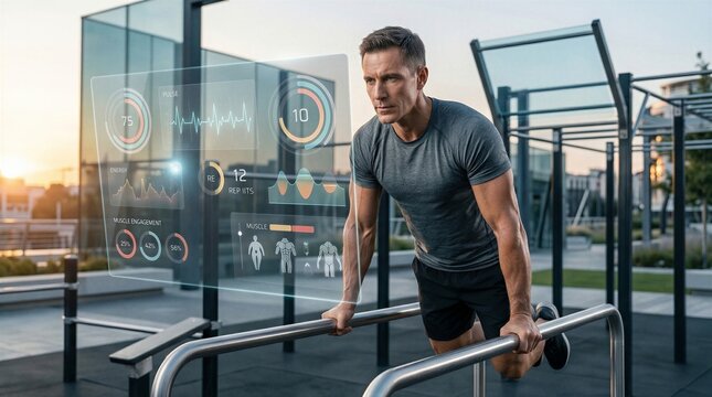 Athletic man performs dips on parallel bars at an outdoor gym while viewing digital fitness metrics through a futuristic interface.