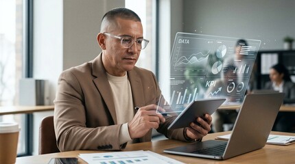 Fototapeta premium Professional businessman analyzes financial data and key performance indicators on a digital tablet in a modern office setting.