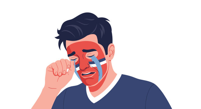 Sad man crying during world footbal tournament game with frustrated expression on face and emotions