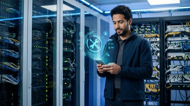 Professional IT technician uses a smartphone to remotely manage and maintain server infrastructure in a modern data center.
