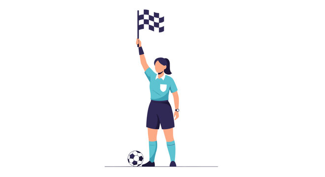Female referee holding a checkered flag at a world football tournament with a soccer ball nearby on the field.
