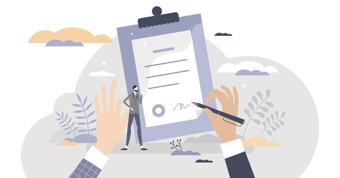 Contract document sign moment as legal purchase deal approvement tiny person concept, transparent background. Business decision agreement with signature for company illustration.