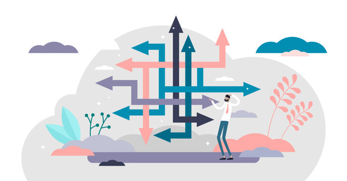 Choice confusion illustration, transparent background.Business path flat tiny persons concept.Various strategies for company directions and solutions.