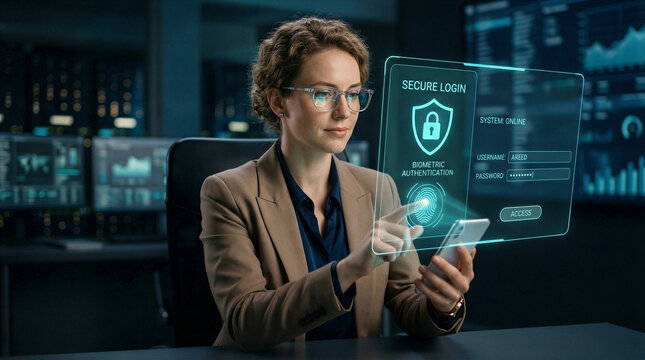 Woman using smartphone to authenticate secure login interface
