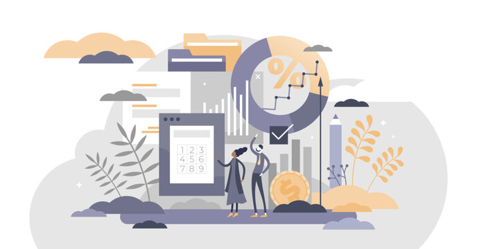 Accounting as money profit and bills balance occupation flat tiny person concept, transparent background. Economical analysis for business illustration.
