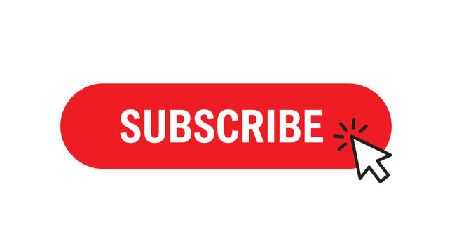 Bright red subscribe button with a mouse cursor arrow click for digital video channel viewer engagement