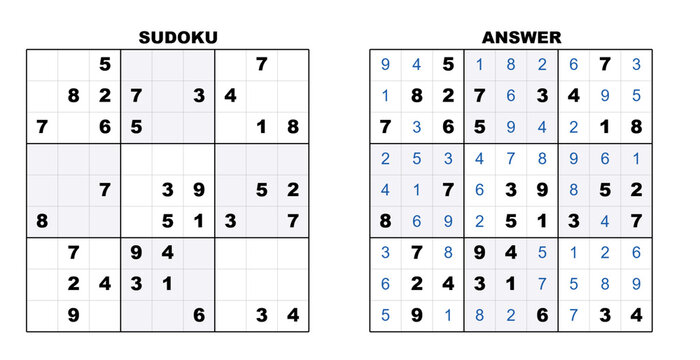 Sudoku puzzle with challenge grid and completed answer sheet  
