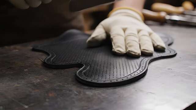 Closeup of a gloved hand working on a piece of black leather with intricate stitching patterns.