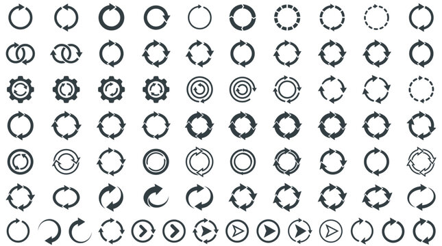 Collection of diverse circular arrow icons for refreshing web pages and updating digital user interface designs