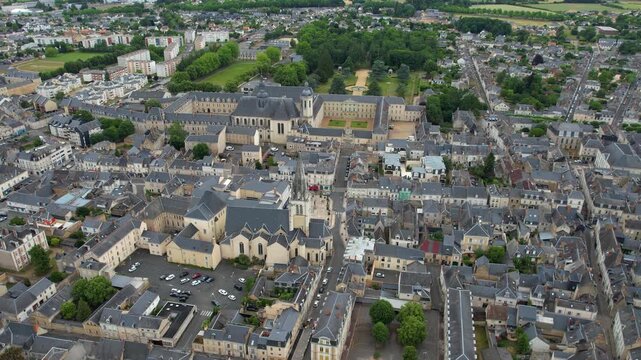  Aerial view of the city La Fl&egrave;che in France, on a sunny noon in early summer.