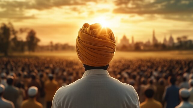 Man in Turban Facing Large Crowd at Sunrise for Spiritual Leadership, Indian Culture, Faith, and Unity Concepts