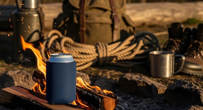 Black beer can holder sitting near a warm campfire at night during a camping trip. coozie