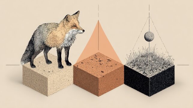 Fox Standing on Pedestal Next to Scientific Diagrams of Soil and Falling Rock.