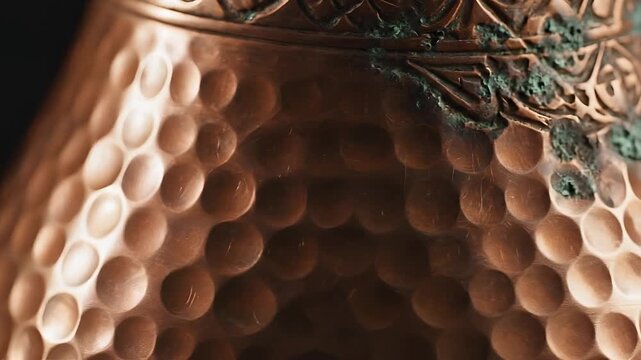 Closeup of Hammered Copper Pot with Intricate Detailing.