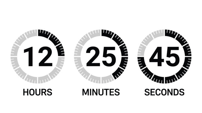 Three circular timer icons showing hours minutes and seconds for precise time management and countdown tracking