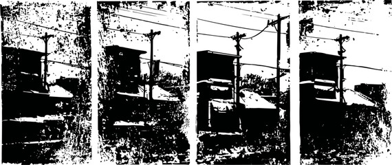 Obraz premium grunge urban scene with utility poles, wires, and buildings in weathered black and white