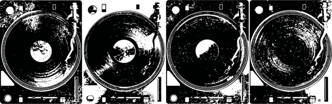 close up of four vintage vinyl records on black turntables with tonearms, music retro concept
