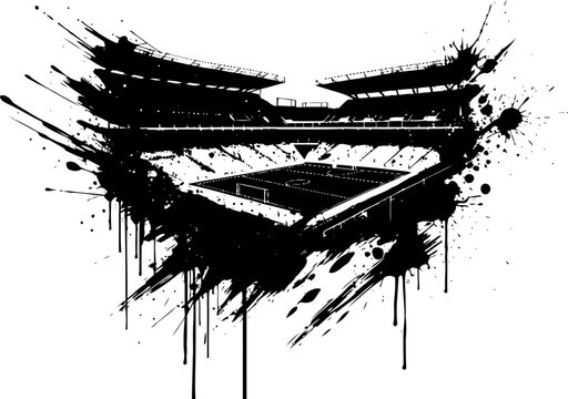 Grunge soccer stadium silhouette with splattered ink brush strokes and dynamic paint splashes