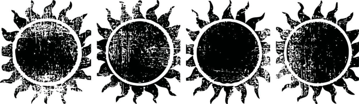Grunge sun icons set with distressed texture and flame rays vintage celestial design elements